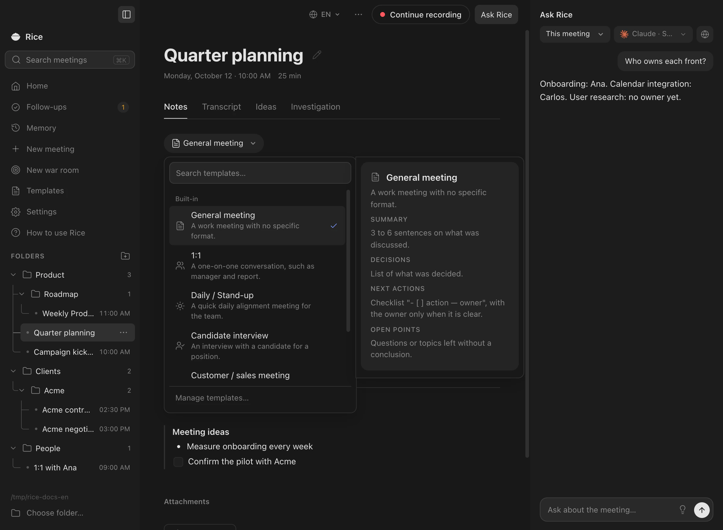 The template picker open over a meeting’s notes, listing General meeting, 1:1, Daily stand-up, Candidate interview and Customer meeting, with a preview of the sections.
