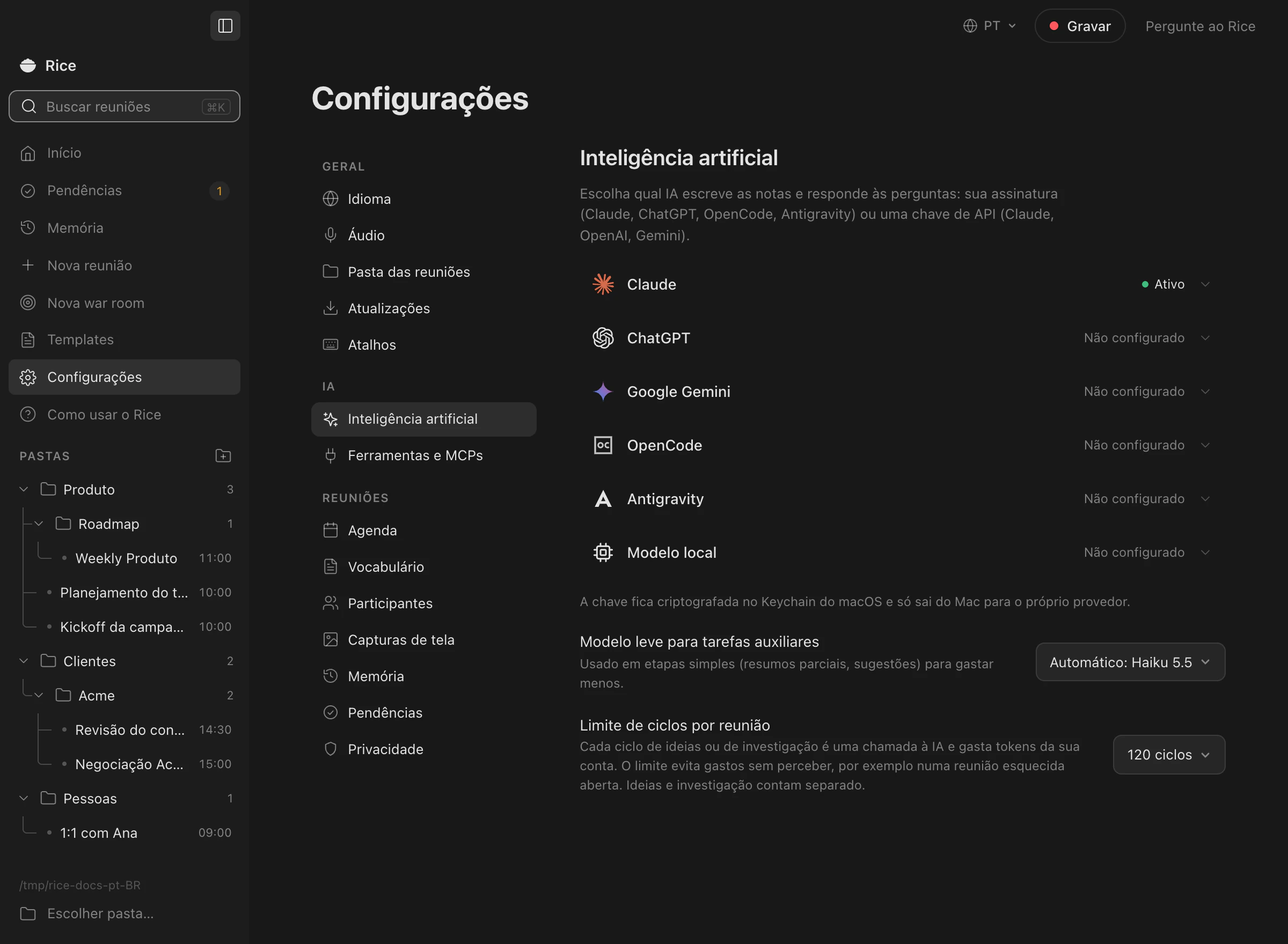 Configurações de inteligência artificial com o Claude ativo e, abaixo, ChatGPT, Google Gemini, OpenCode, Antigravity e Modelo local.