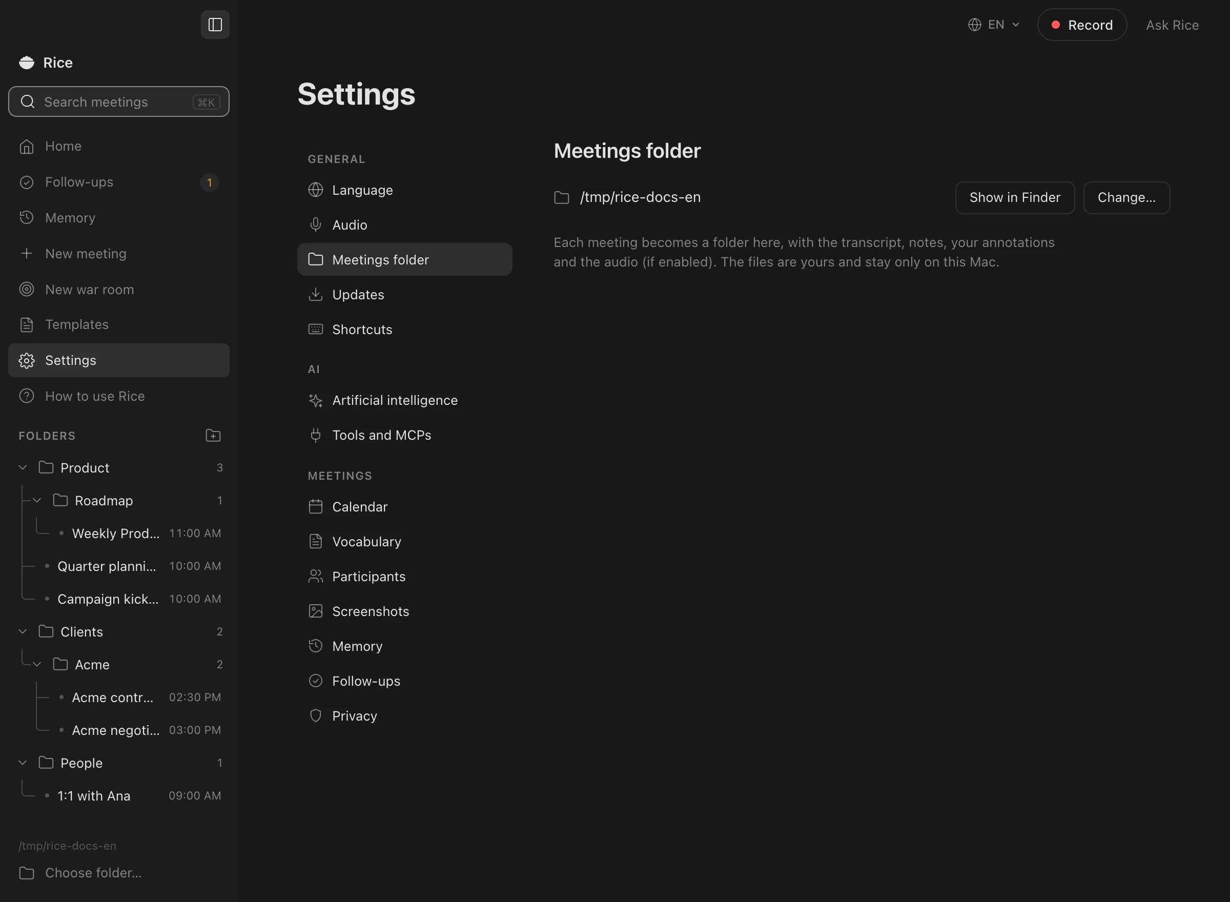 Meetings folder in Settings, with Show in Finder and Change buttons.