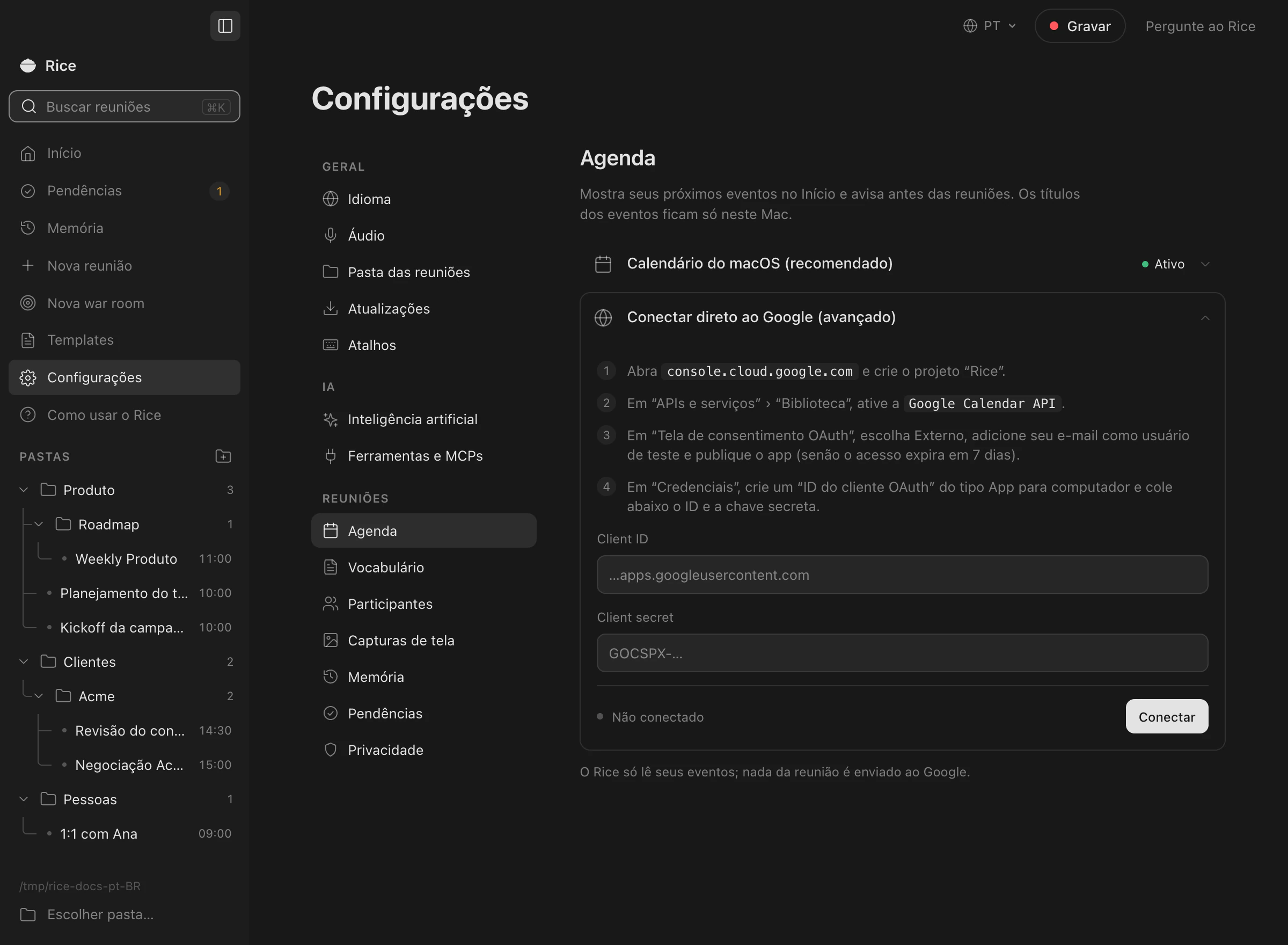 Configurações › Agenda com o Calendário do macOS ligado e os passos para conectar direto ao Google: Client ID, Client secret e o botão Conectar.